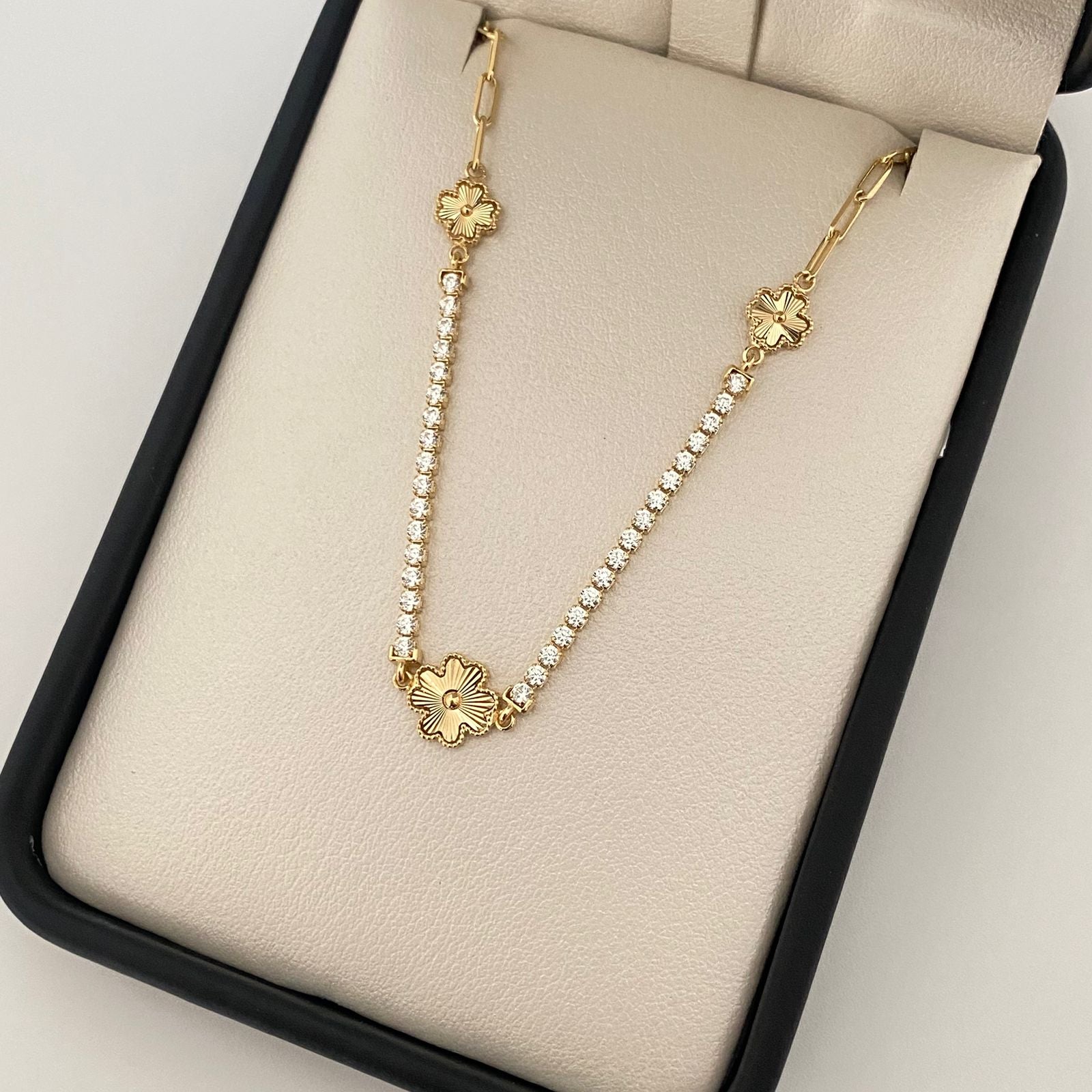 Pulso It tenis con trebol diamantado graduable Oro amarillo 18k +4 / 3,25 Gr / 2 mm / 17 Cm